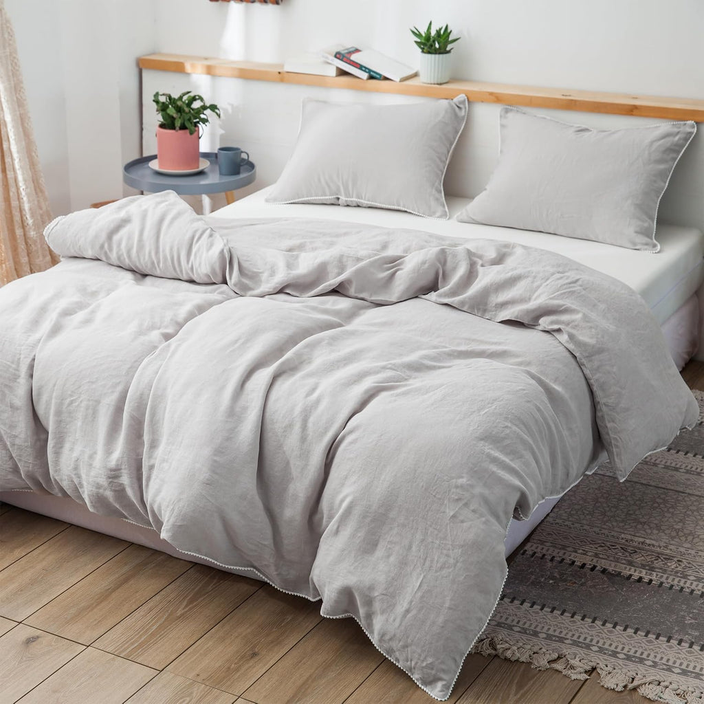 Simple&Opulence 100% Washed Linen Duvet Cover with Pom Pom Trim, Natural French Flax Bedding Set Soft Breathable,1 Farmhouse…