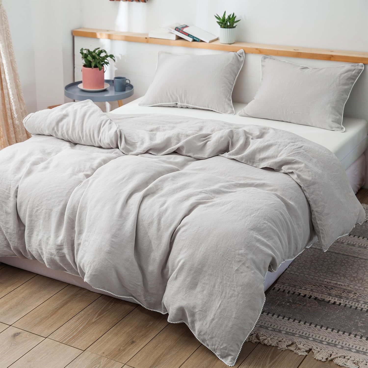 Simple&Opulence 100% Washed Linen Duvet Cover with Pom Pom Trim, Natural French Flax Bedding Set Soft Breathable,1 Farmhouse…