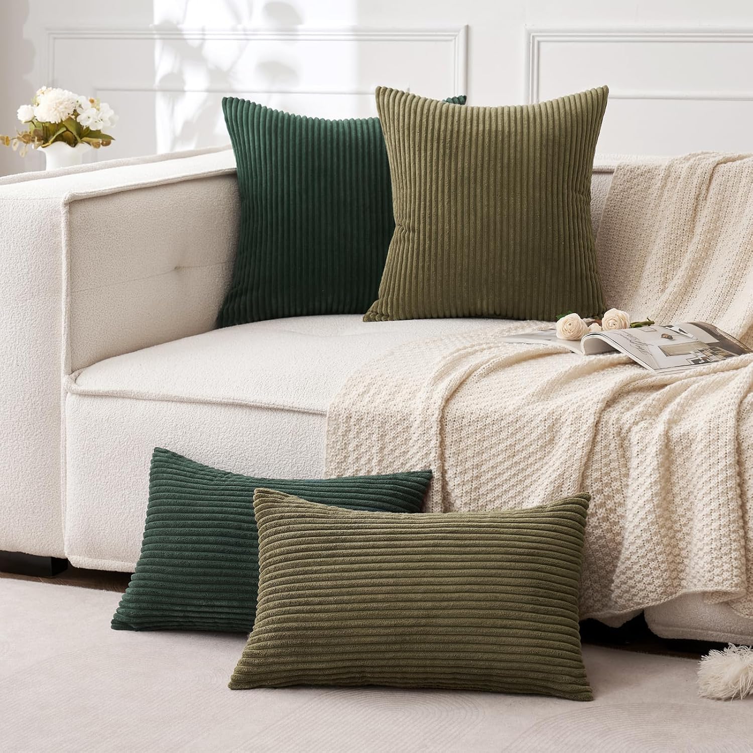 MIULEE Pack of 2 Corduroy Pillow Covers 12 x 20 Inch Lumbar Throw Pillow Covers Army Green Pillowcases for Spring Sofa Bedroom Couch