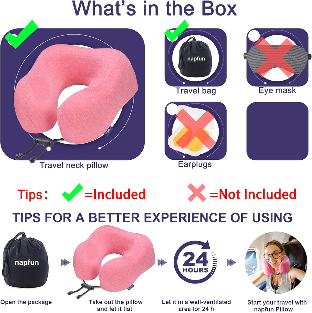 napfun Neck Pillow for Traveling, Upgraded Travel Neck Pillow for Airplane 100% Pure Memory Foam Travel Pillow for Flight Headrest Sleep…