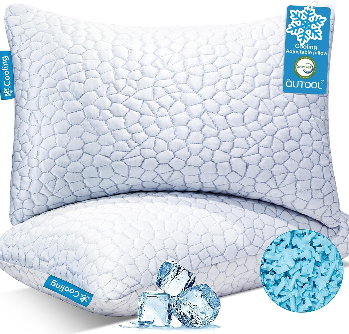 Qutool Cooling Pillow for Sleeping, CertiPUR-US Shredded Memory Foam Queen Pillows Set of 2, Cool Pillow for Hot Sleepers Adjustable Firm P…