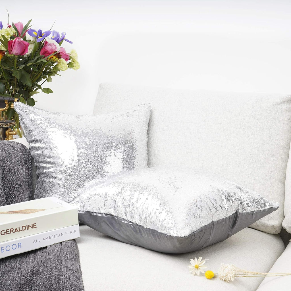 YOUR SMILE Pack of 2, New Luxury Series Silver Decorative Glitzy Sequin & Comfy Satin Solid Throw Pillow Cover Cushion Case for…
