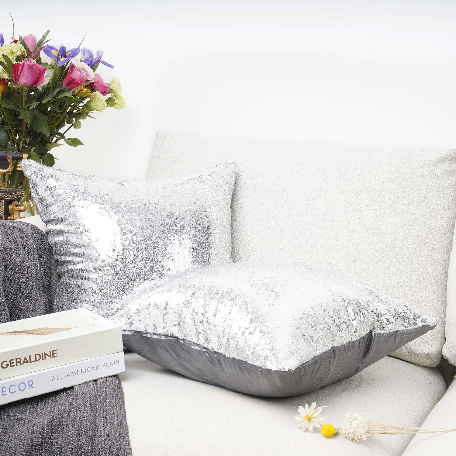 YOUR SMILE Pack of 2, New Luxury Series Silver Decorative Glitzy Sequin & Comfy Satin Solid Throw Pillow Cover Cushion Case for…