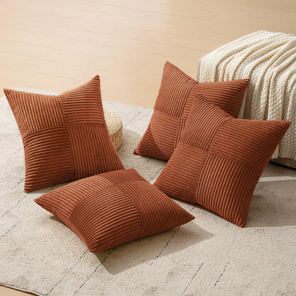 Miulee Boho Farmhouse Rust Decorative Throw Pillow Covers 18x18 Inch 4 Packs Soft Vintage Pillow Cases Modern Corduroy Patchwork Cushion Co…