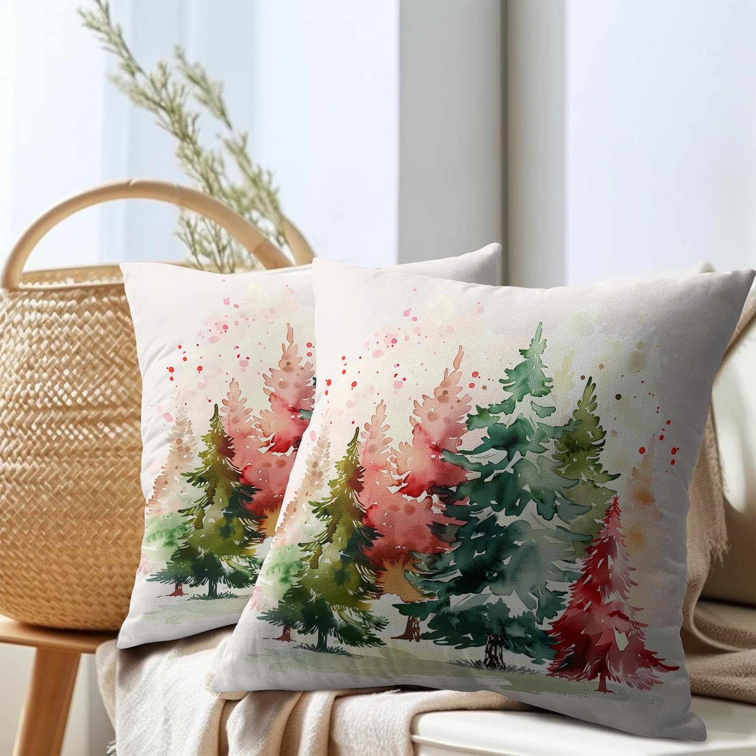 Granbey Christmas Tree Outdoor Throw Pillow Cover 22x22 Inch Set of 2 Winter Colorful Pine Tree Cushion Covers Xmas Holiday Theme Accent Pi…