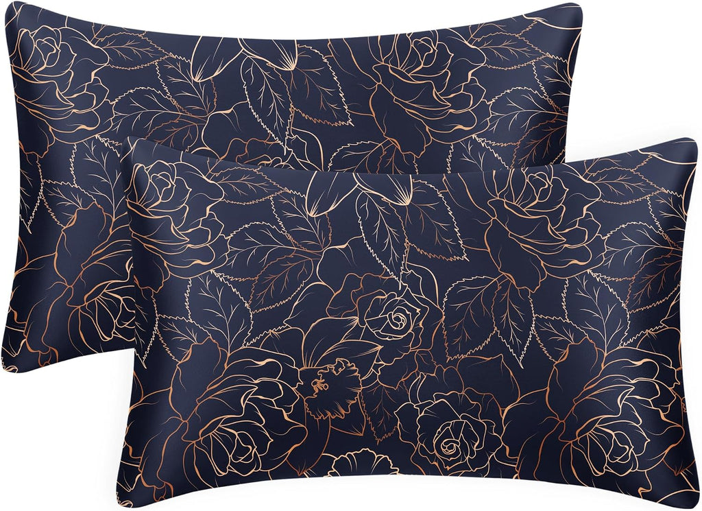 EXQ Home Satin Pillowcase for Hair and Skin- Rose on Blue Silk Pillowcase 2 Pack 20x26 inches - Standard Size Pillow Cases with Envelope…