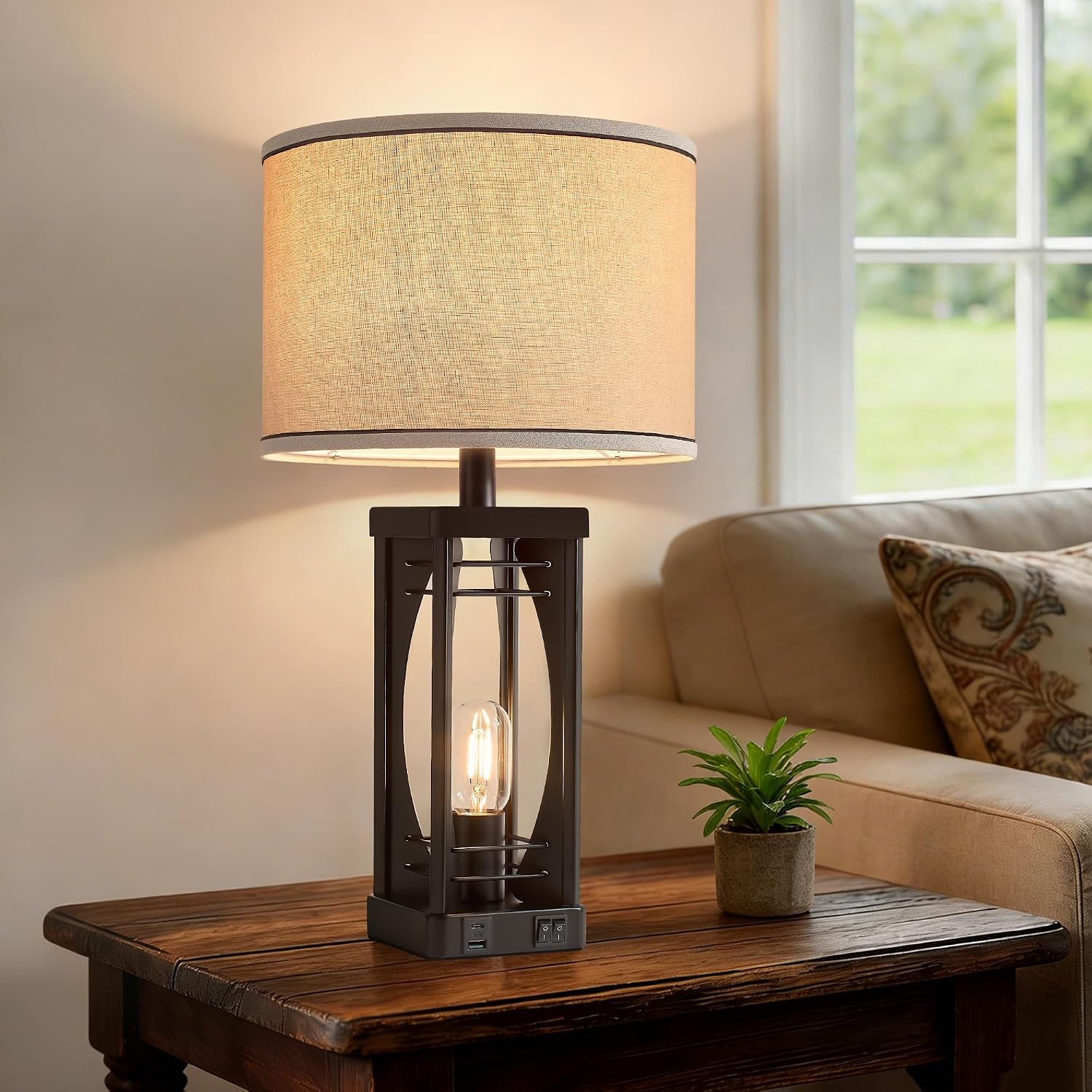 SRJJA Farmhouse Table Lamps Set of 2 for Living Room, Rustic Nightstand Lamps with USB A+C Charging Ports, 22.5" Dual Light Industrial…
