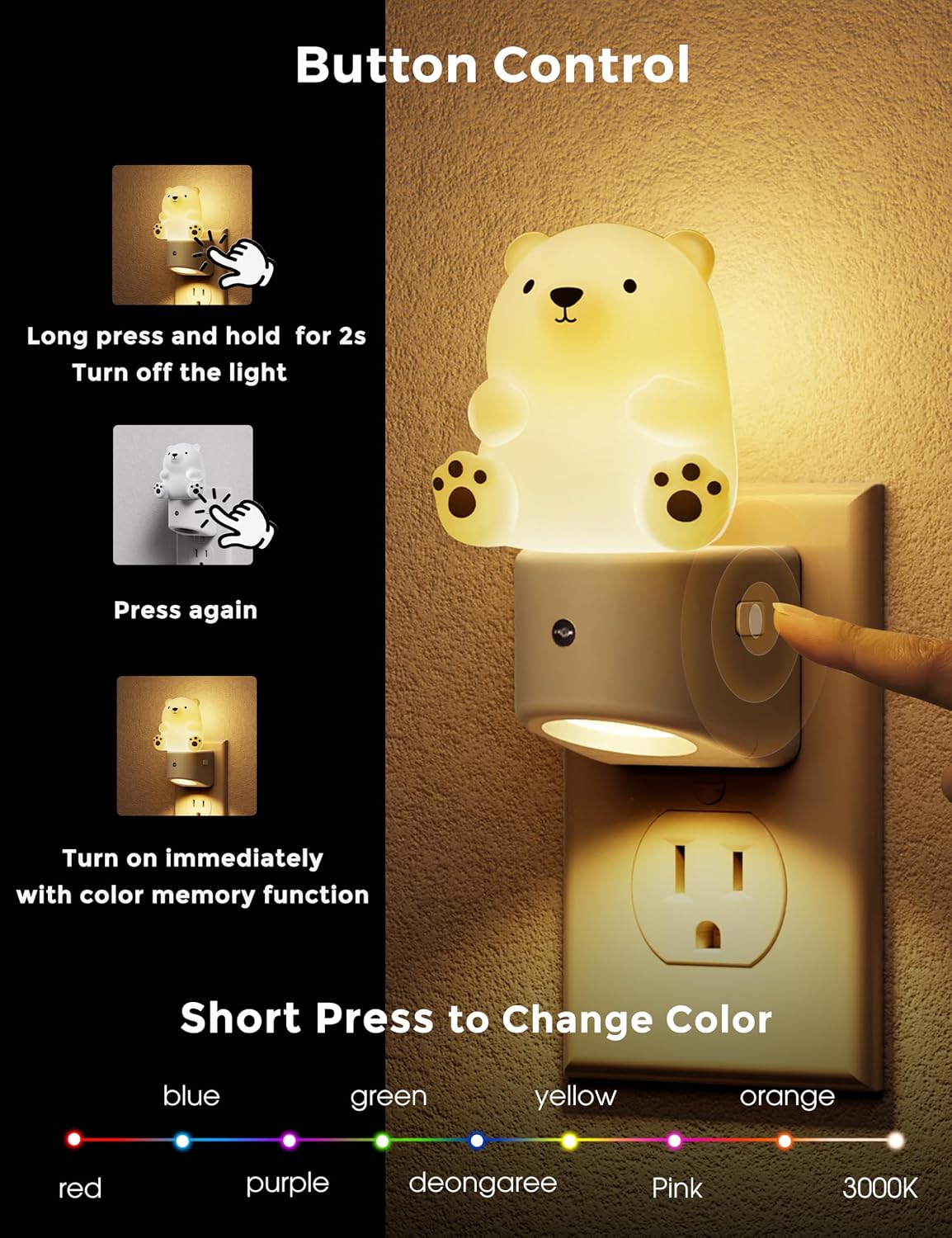L LOHAS LED Night Light for Kids, 3D Bear Night Light Plug in, Dusk to Dawn Nursery Night Lights, RGB+Soft White 3000K, 3 Lighting Modes…