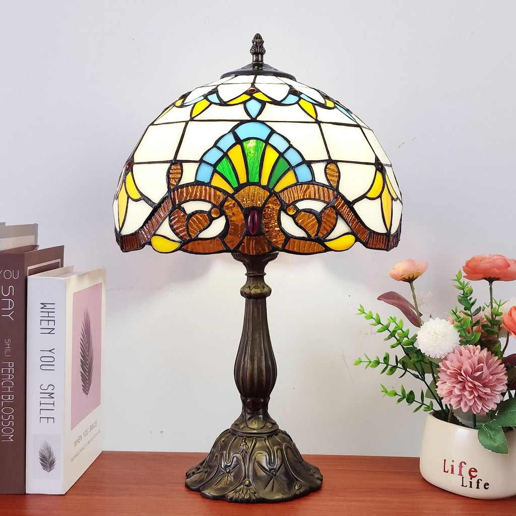 Tiffany Table Lamp 12X12X19 Inch Yellow Baroque Style Stained Glass Lamp Antique Bedside Desk Reading Light for Bedroom Living Room Home…