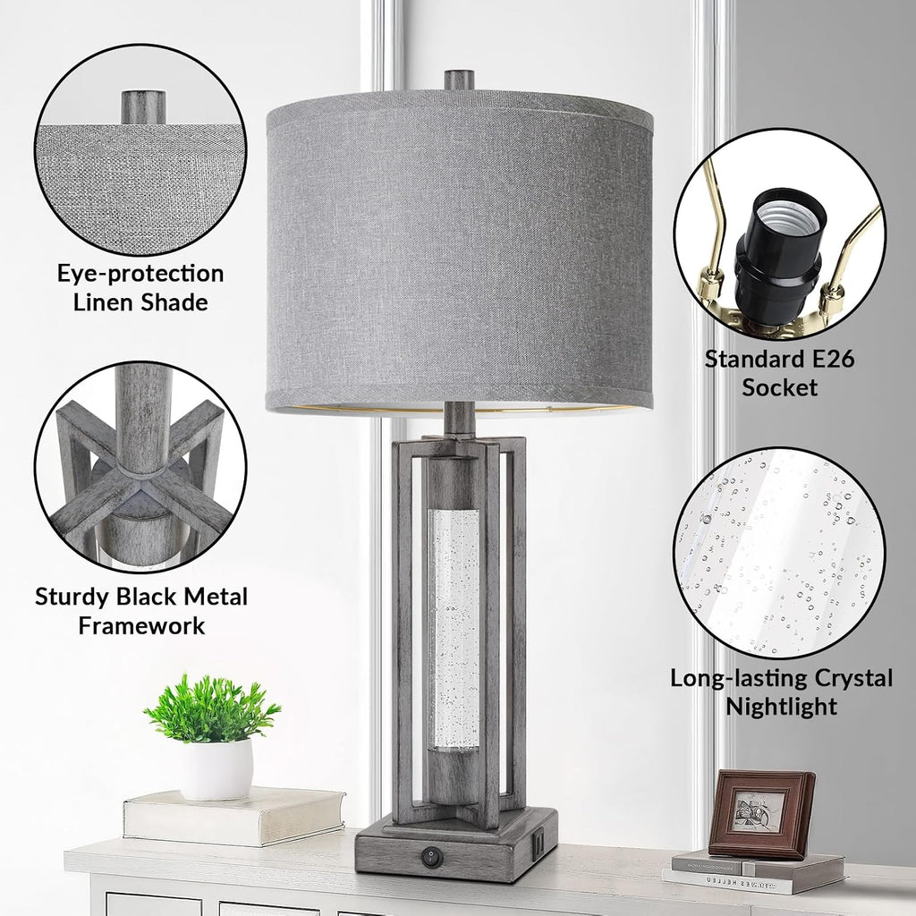 Tobusa 26’’ Farmhouse Table Lamps for Living Room Set of 2, Modern Nightstand Lamps with Crystal Night Light & 2 USB Ports, Vintage Home De…