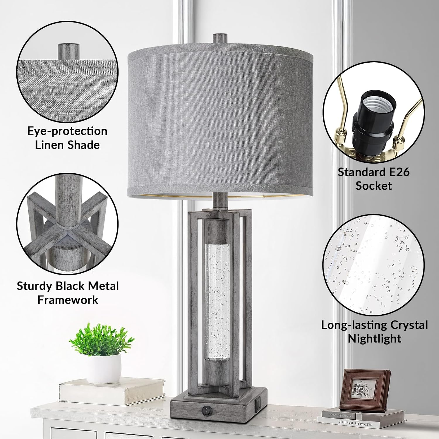 Tobusa 26’’ Farmhouse Table Lamps for Living Room Set of 2, Modern Nightstand Lamps with Crystal Night Light & 2 USB Ports, Vintage Home De…