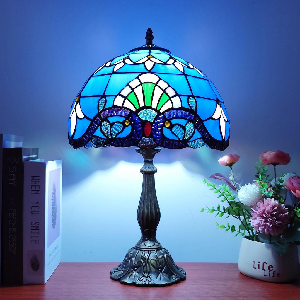 Tiffany Table Lamp 12X12X19 Inch Stained Glass Lamp Blue Baroque Style Antique Bedside Desk Nightstand Light for Bedroom Living Room Home…