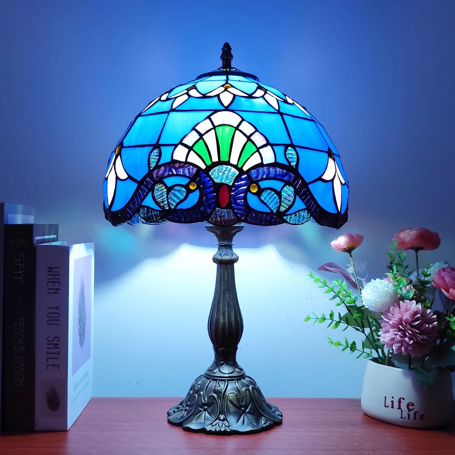Tiffany Table Lamp 12X12X19 Inch Stained Glass Lamp Blue Baroque Style Antique Bedside Desk Nightstand Light for Bedroom Living Room Home…