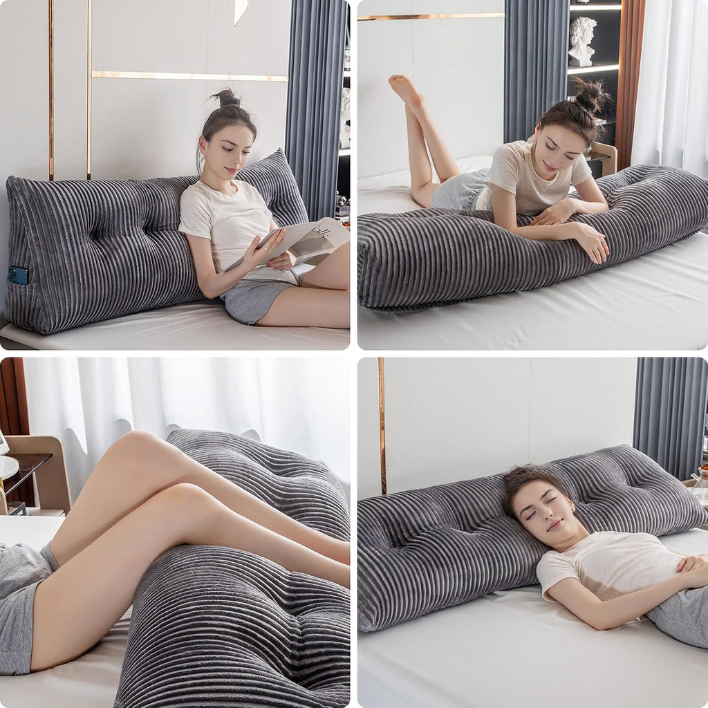 Large Triangular Headboard Wedge Bed Rest Reading Pillow Backrest Positioning Support Bolster Cushion with Removable Cover (Grey, King…