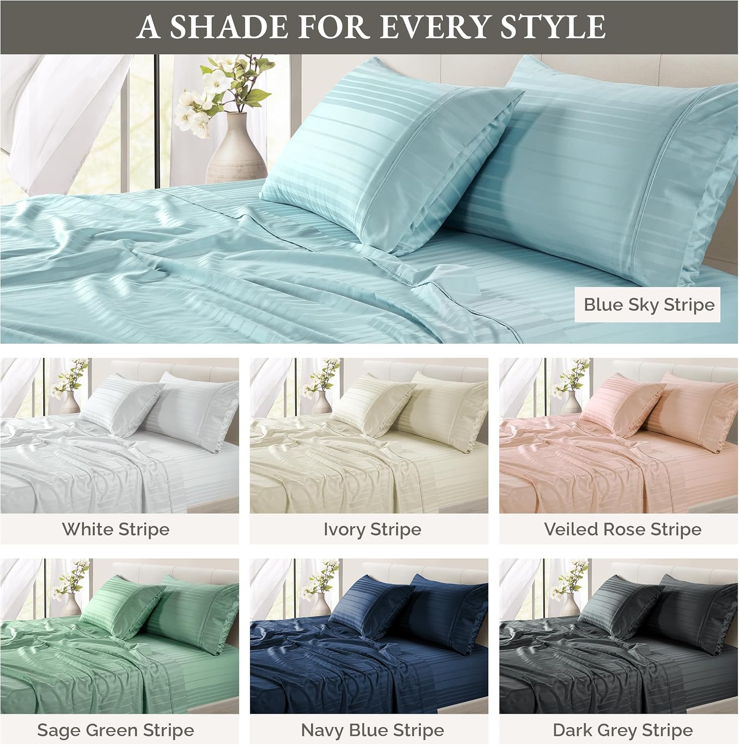 Casa Platino 100% Cotton Sheets King Size Set - 6 Pcs (1 Flat, 1 Fitted, 4 Pillowcases) - Striped 500 TC - Ultra Smooth Sateen Weave Bed…