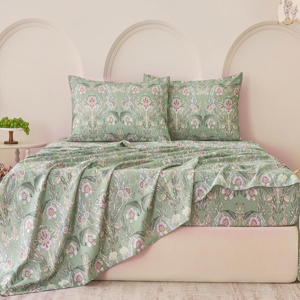 Softtouchsweetdreams Boho Sheets Silky Green Floral Bed Sheet Set Queen Size 100% Cotton Satin Weave Botanical Leaf Printed Cooling Sheets…
