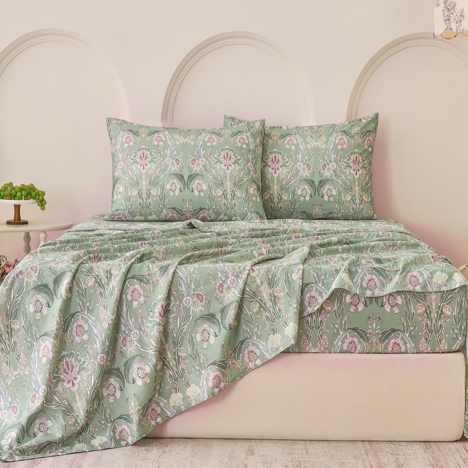 Softtouchsweetdreams Boho Sheets Silky Green Floral Bed Sheet Set Queen Size 100% Cotton Satin Weave Botanical Leaf Printed Cooling Sheets…