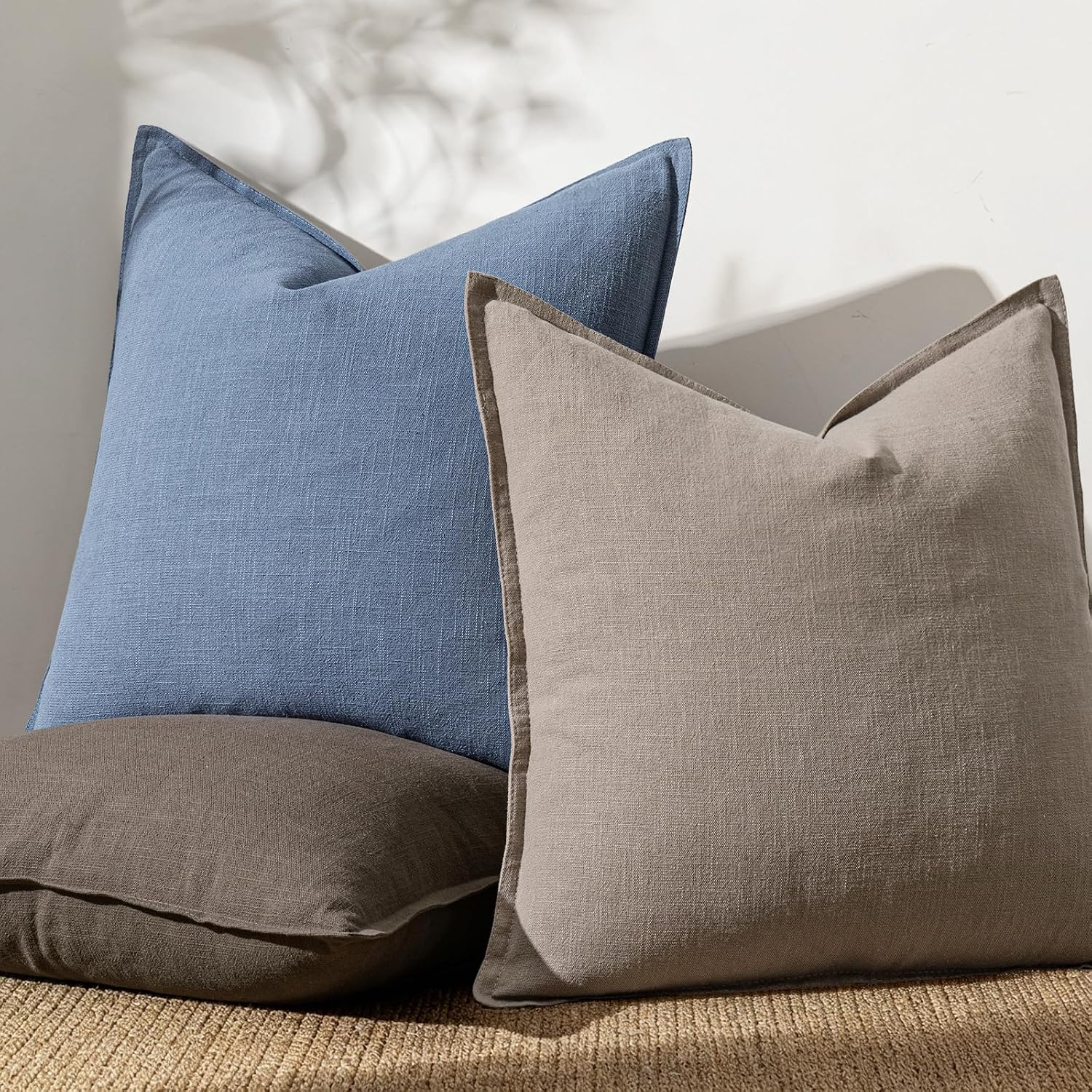 Anroduo Pack of 2 Decorative Linen Pillow Covers Blue Ashes Neutral Farmhouse Boho Soild Cushion Case Soft Accent Pillowcase for Couch Sofa…