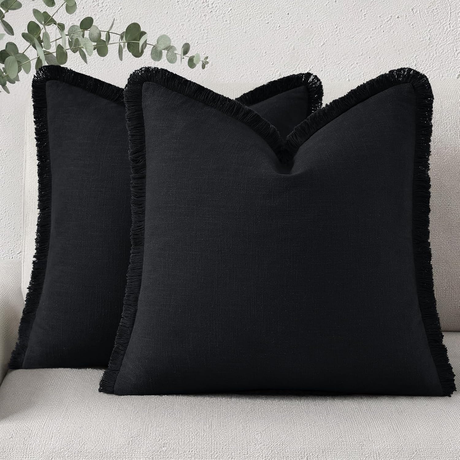 decorUhome Summer Decorative Neutral Linen Fringe Euro Sham Throw Pillow Covers Set of 2 Black Pillow Covers with Tassels Soft Farmhouse Bo…