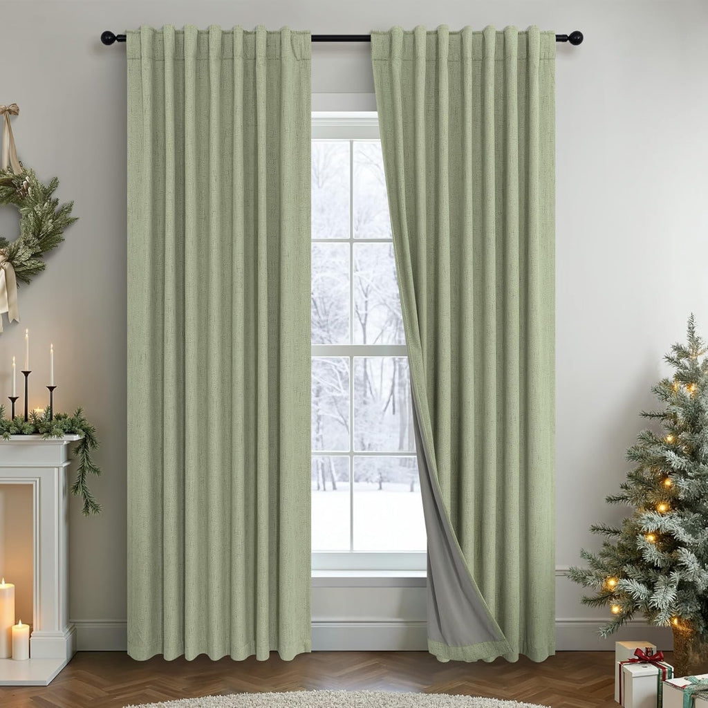 Pitalk Light Sage Green Back Tab Blackout Curtains for Boys Room Girls 72 Inch Length 2 Panel Cotton Linen Look Window Treatments Thick Sou…