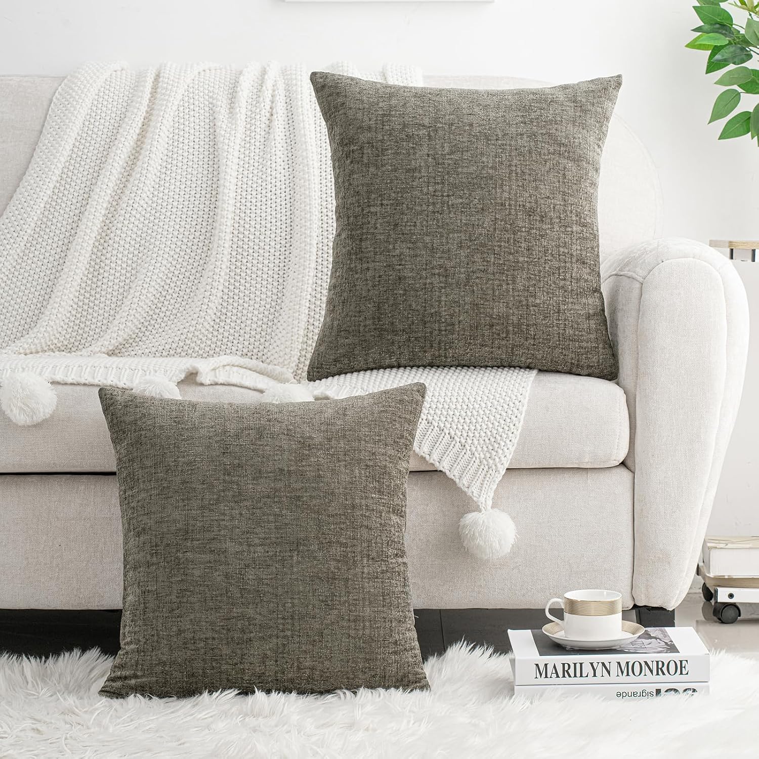 Hwy50 HWY 50 Dark Gray Couch Pillow Covers 18x18 Inch Pack of 2, Soft Chenille Decorative Throw Pillow Cases Farmhouse for Sofa Living Room…