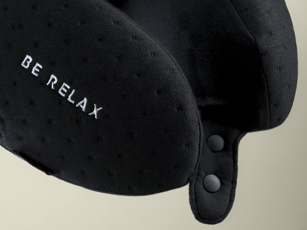 Be Relax Pure Travel Pillow Made of Inner-Side Organic Cotton, Reusable Heat Patch and Ergo Smart Flatback (Solid Black)