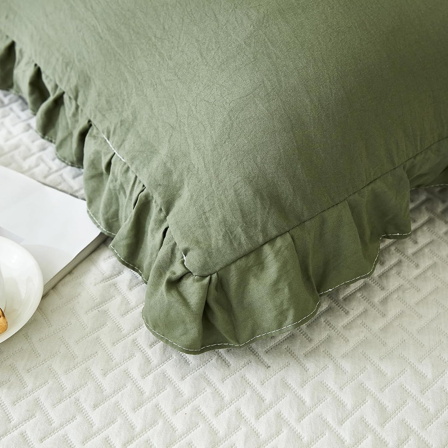 Merryword Shabby Chic Olive Green Body Pillow Cover - 20x54in Long Pillowcase with Ruffled Fringe Decor Green