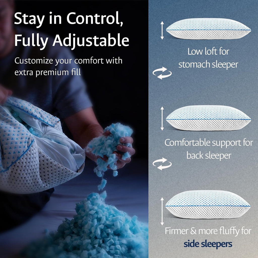 Fulocean Cooling Pillows King Size 1 Pack for Sleeping, Adjustable Shredded Gel Memory Foam Cool Pillows for Side, Back, Hot Sleeper, Mediu…