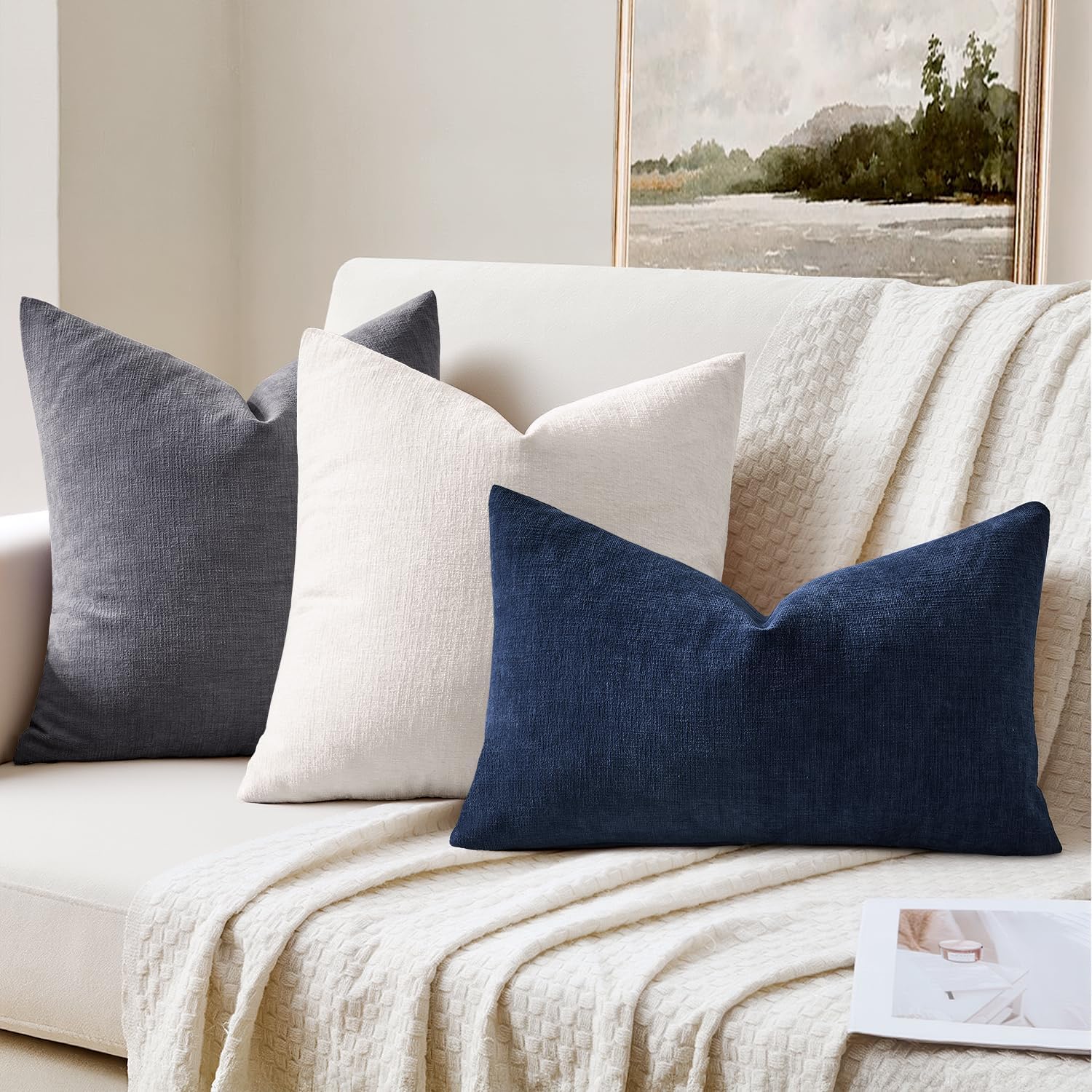 Miulee Navy Couch Pillow Covers 18x18 Inch, Set of 2 Soft Chenille Decorative Square Throw Pillow Covers Farmhouse for Sofa Living Room Bed…