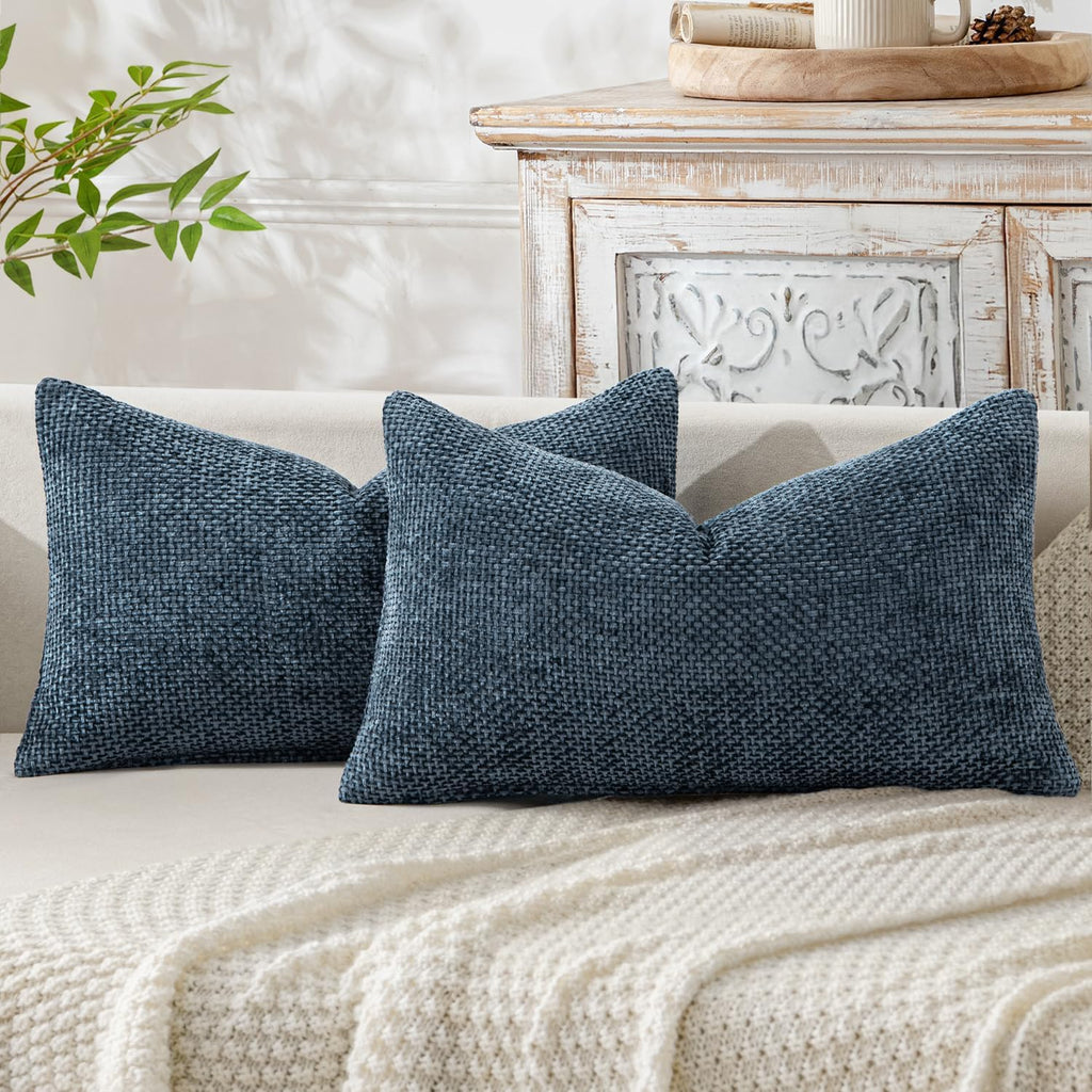 Miulee Pack of 2 Lumbar Couch Throw Pillow Covers 20x12 Inch Coastal Navy Blue Modern Boho Accent Decorative Pillow Covers Soft Chenille Fa…
