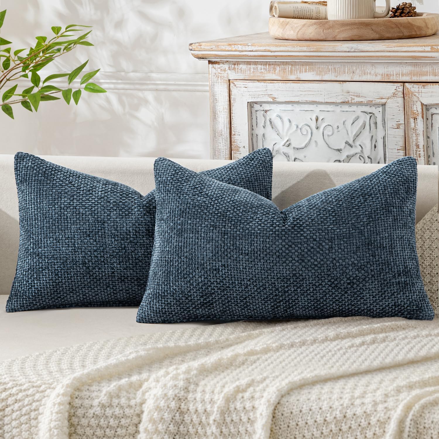 Miulee Pack of 2 Lumbar Couch Throw Pillow Covers 20x12 Inch Coastal Navy Blue Modern Boho Accent Decorative Pillow Covers Soft Chenille Fa…