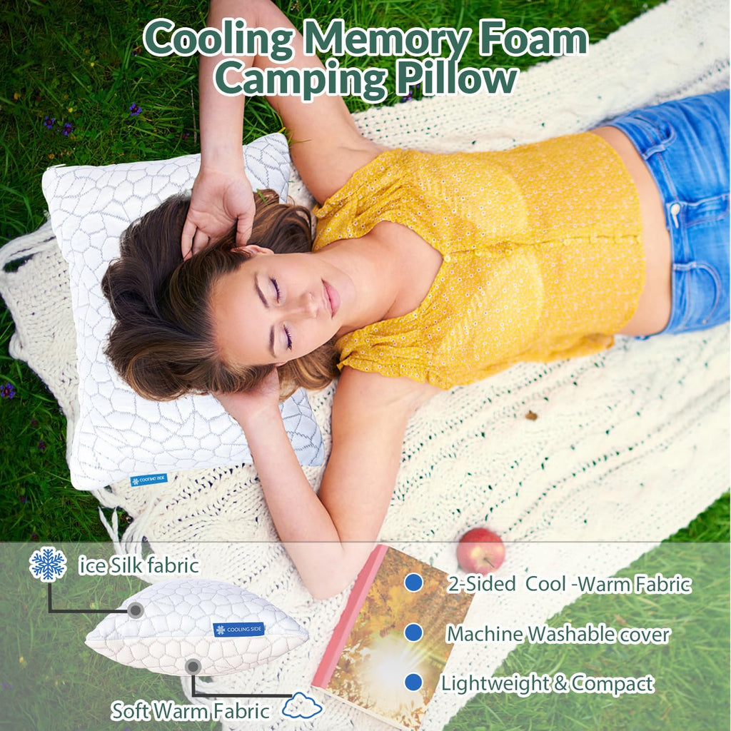 Qutool Cooling Pillow for Sleeping, CertiPUR-US Shredded Memory Foam Camping Pillow Set of 1, Backpacking for Hiking Gear, Portable Pillow…