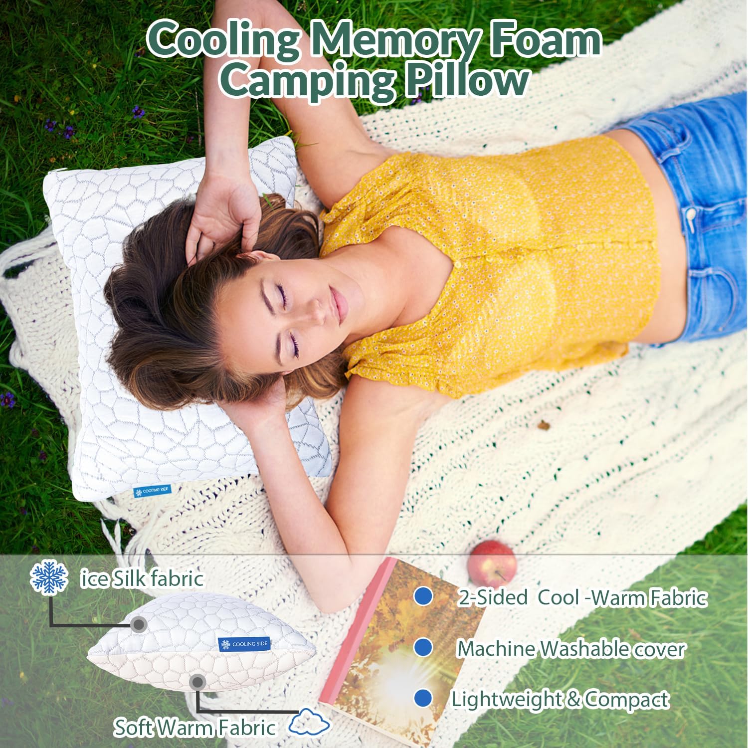 Qutool Cooling Pillow for Sleeping, CertiPUR-US Shredded Memory Foam Camping Pillow Set of 1, Backpacking for Hiking Gear, Portable Pillow…
