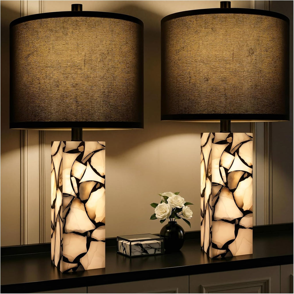 Scenekoy 23" Alabaster Table Lamps Set of 2 with Night Light for Living Room, Rotary Switch, Black Modern Table Lamp with Black Linen…