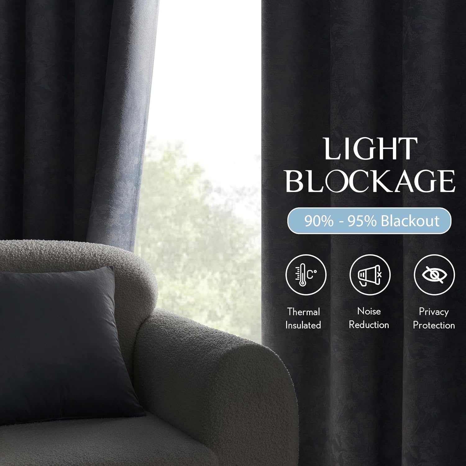 Beauoop Blue Floral Jacquard Blackout Curtains 96 Inches Long 2 Panels for Bedroom Living Room Chenille Flower Room Darkening Thermal…