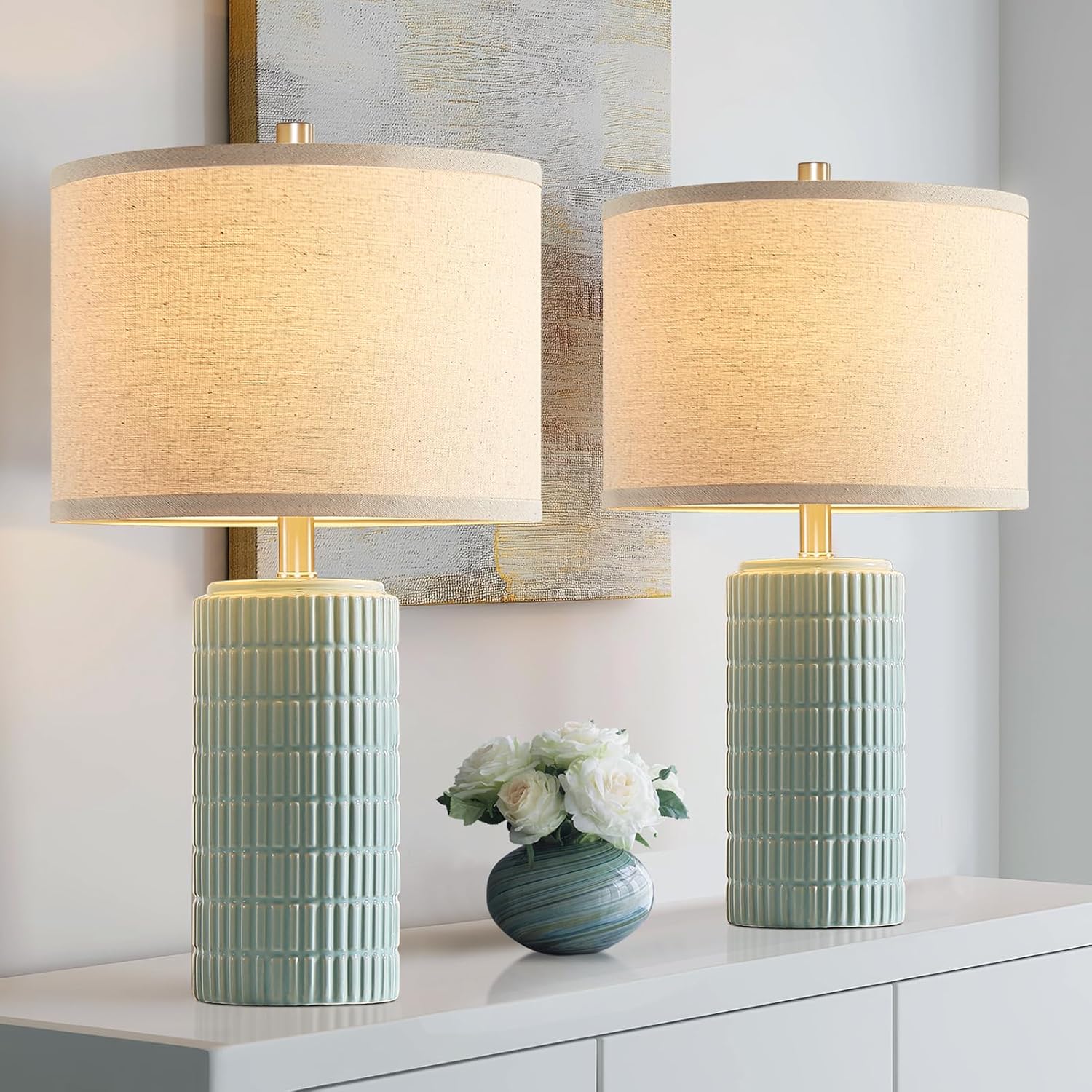 AIEAMPDO 23" Set of 2 Ceramic Table Lamps for Living Room Bedroom, Modern Nightstand Desk Lamp for Entryway, Office, Study Room, 2 LED…