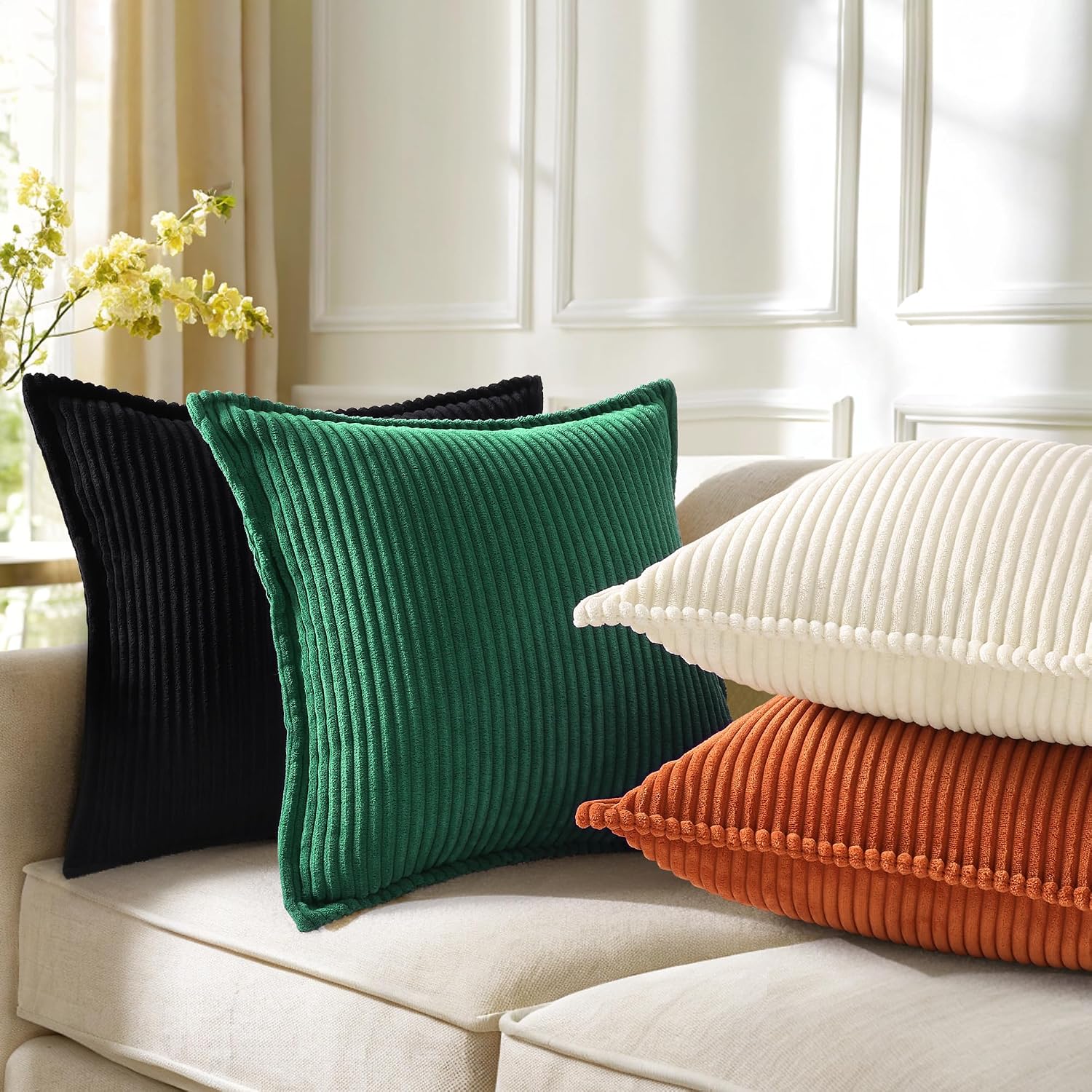decorUhome Summer Corduroy Green Throw Pillow Covers 12x20 Set of 2 Decorative Soft Boho Farmhouse Lumbar Couch Pillow Covers for Living Ro…