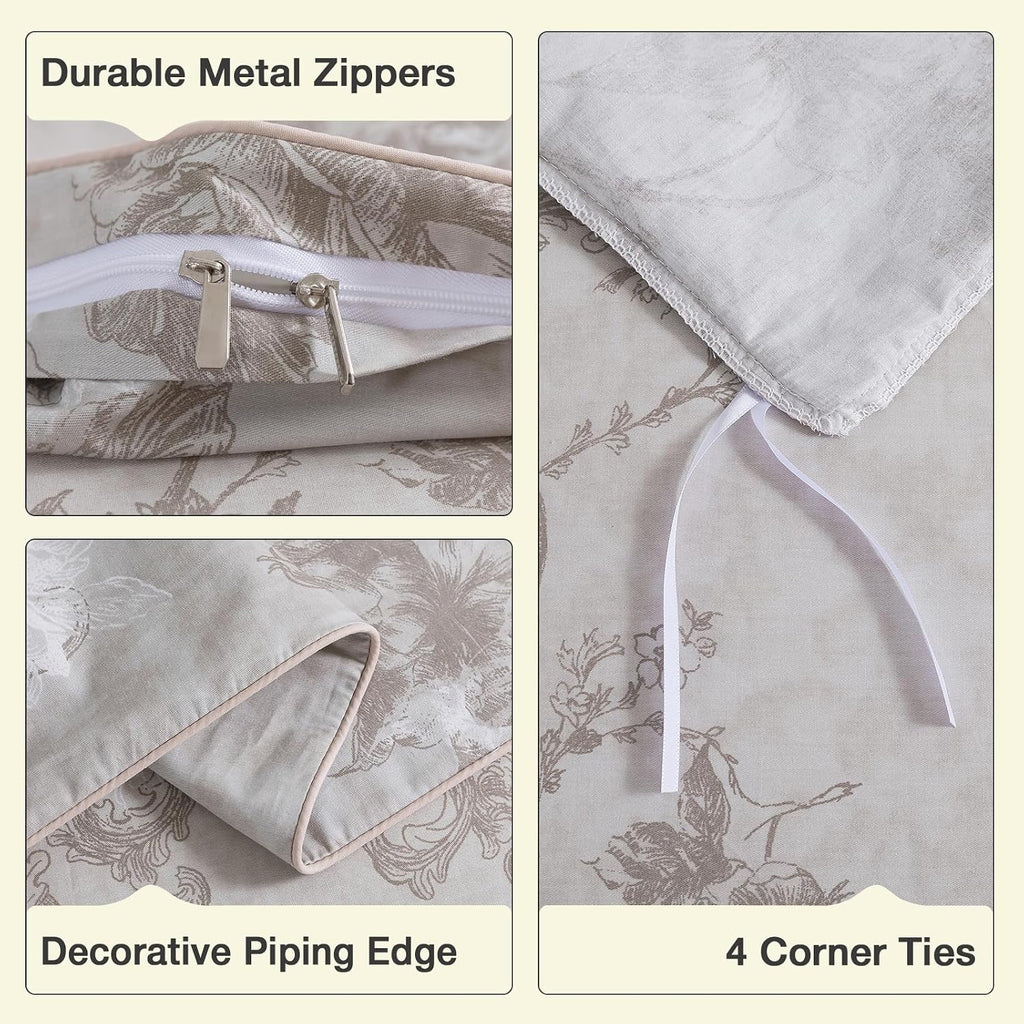 Puralens Vintage Floral Greige Percale Duvet Cover Set, King 100% Cotton Cottage Zipper Comforter Cover, Crisp Neutral Toile Bed Cover Set…