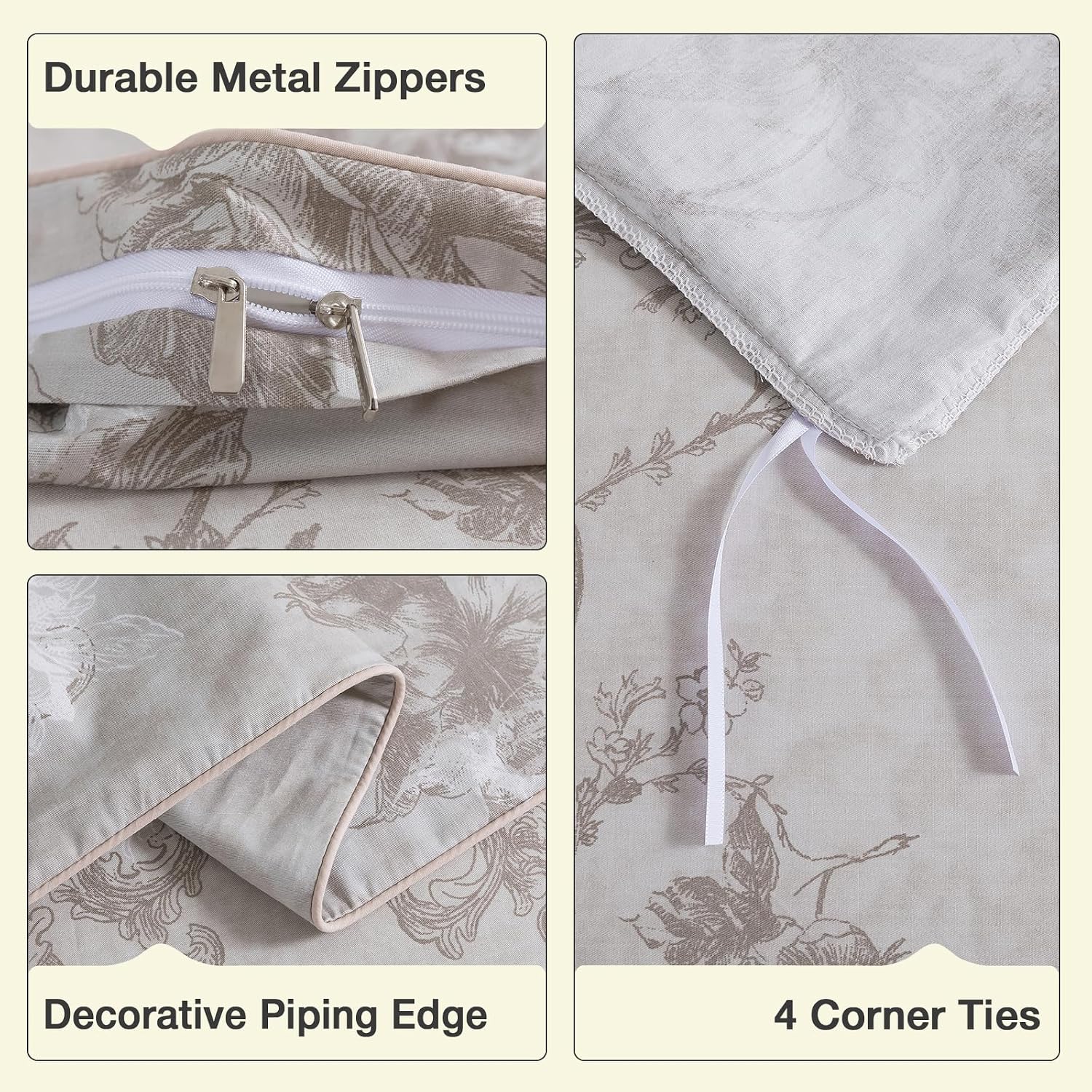 Puralens Vintage Greige Floral Percale Duvet Cover Queen 3Pcs, 100% Cotton Flower Print Farmhouse Comforter Cover Set, Soft Crisp Reversibl…
