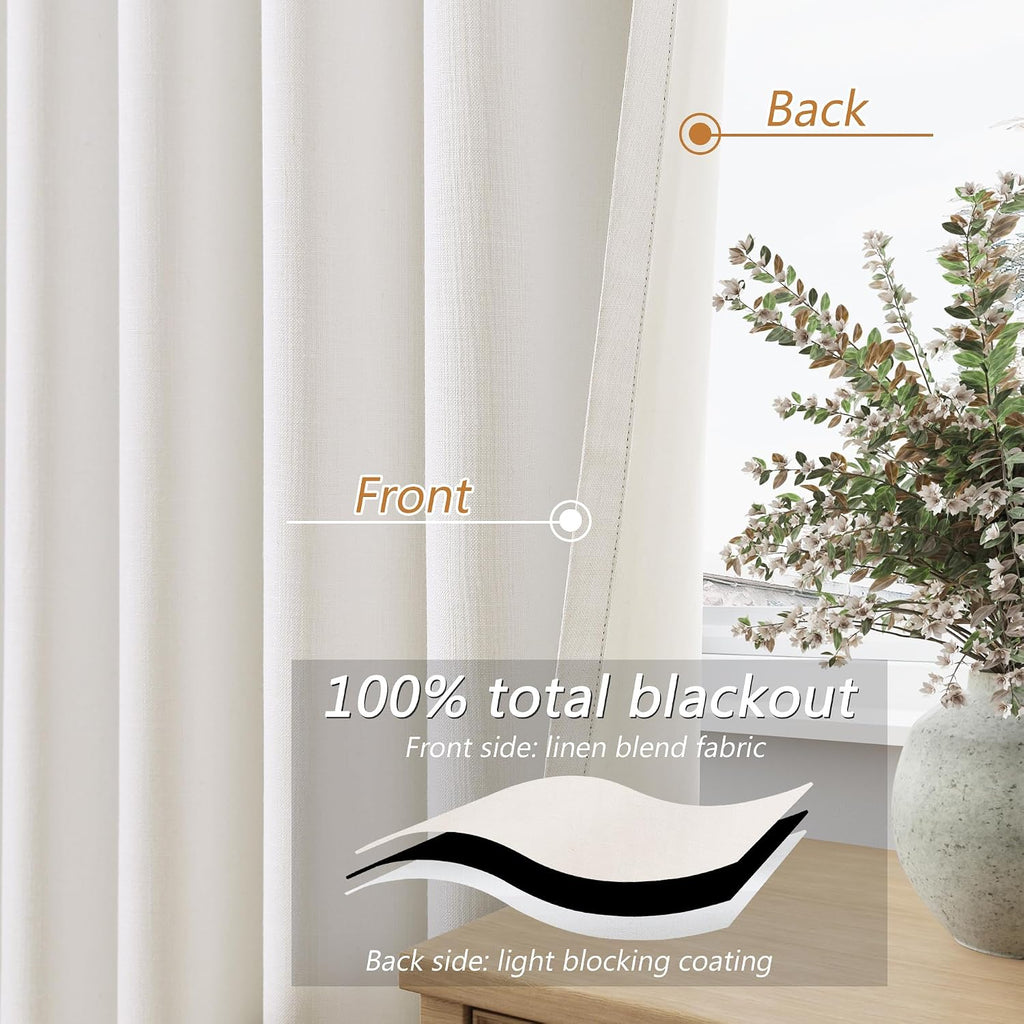 Guken Ivory 100% Blackout Curtains 84 Inch Length 2 Panels Set for Living Room Bedroom Back Tab Thermal Insulated Black Out Linen Drapes Ro…