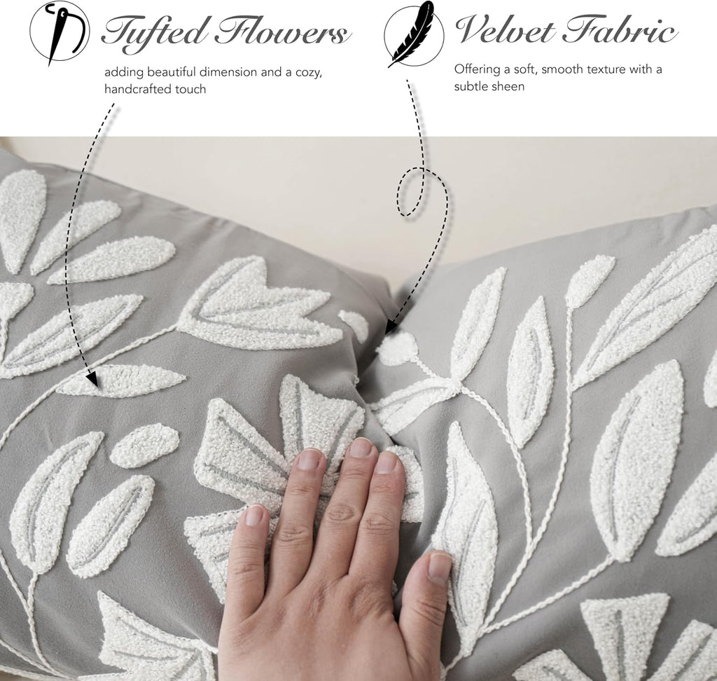 BlissBlush Gray Floral Lumbar Pillow Cover 14x36 Inch, Velvet Long Accent Pillow Cover for Bed, Soft Rectangle Decorative Farmhouse…