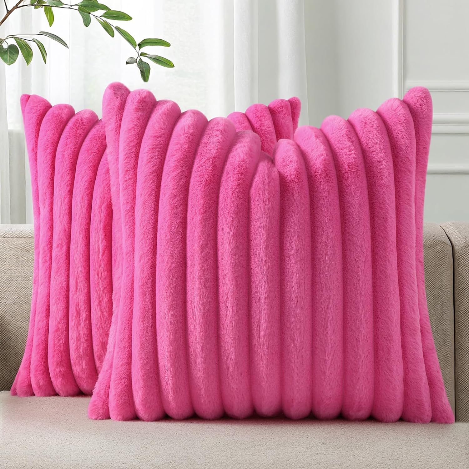 Pallene Faux Fur Plush Throw Pillow Covers 22x22 Set of 2, Luxury Soft Fluffy Striped Decorative Pillow Covers for Sofa, Couch, Living…