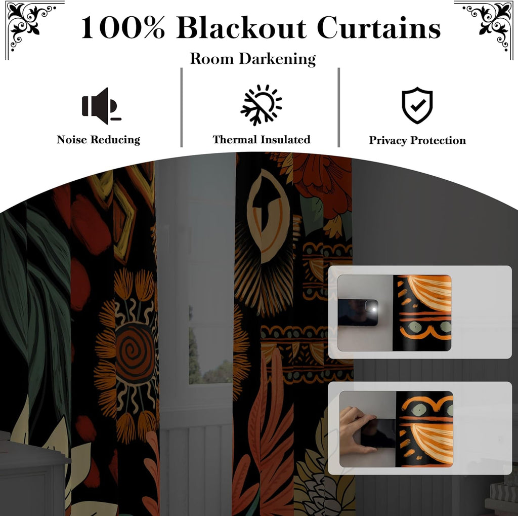 Tyrot 100% Blackout Black Boho Floral Curtains for Living Room 96 inch Long 2 Panels Mid Century Botanical Black Out Curtains for Bedroom…