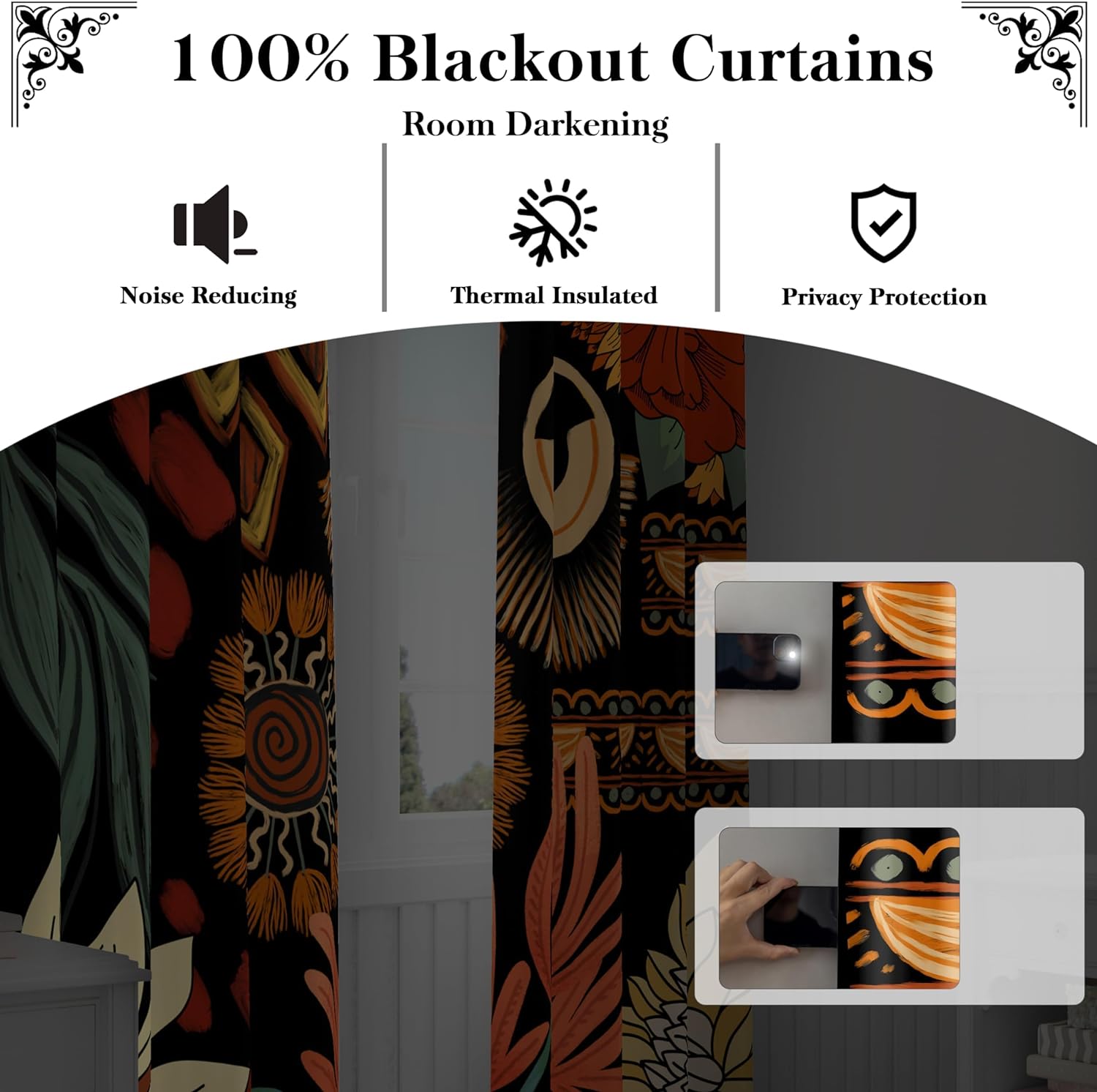 Tyrot 100% Blackout Black Boho Floral Curtains for Living Room 96 inch Long 2 Panels Mid Century Botanical Black Out Curtains for Bedroom…