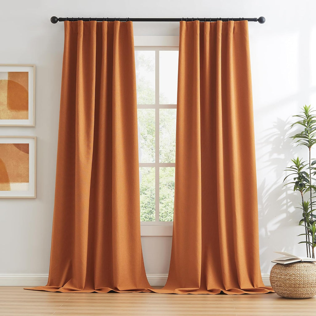 Keqiaosuocai Pumpkin Orange Linen Blackout Curtains 96 Inch Length 2 Panels Set, Back Tab Pocket Hook Belt Curtains for Living Room Boho Fal…