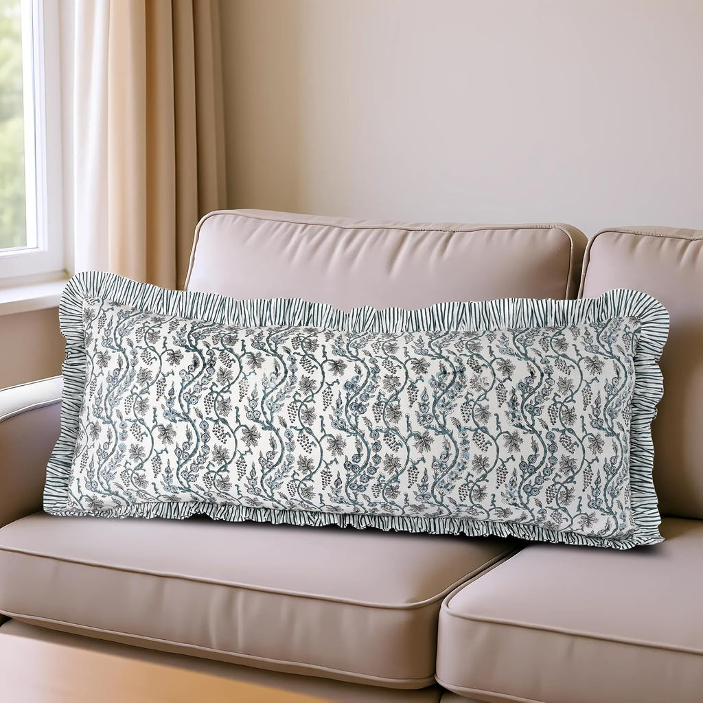 Ridhi Block Print Baby Blue Eyes 36"x14" Set 1-100% Cotton Ruffle Lumbar Sham Cover Boho Floral Pillowcase, Farmhouse Cottagecore…
