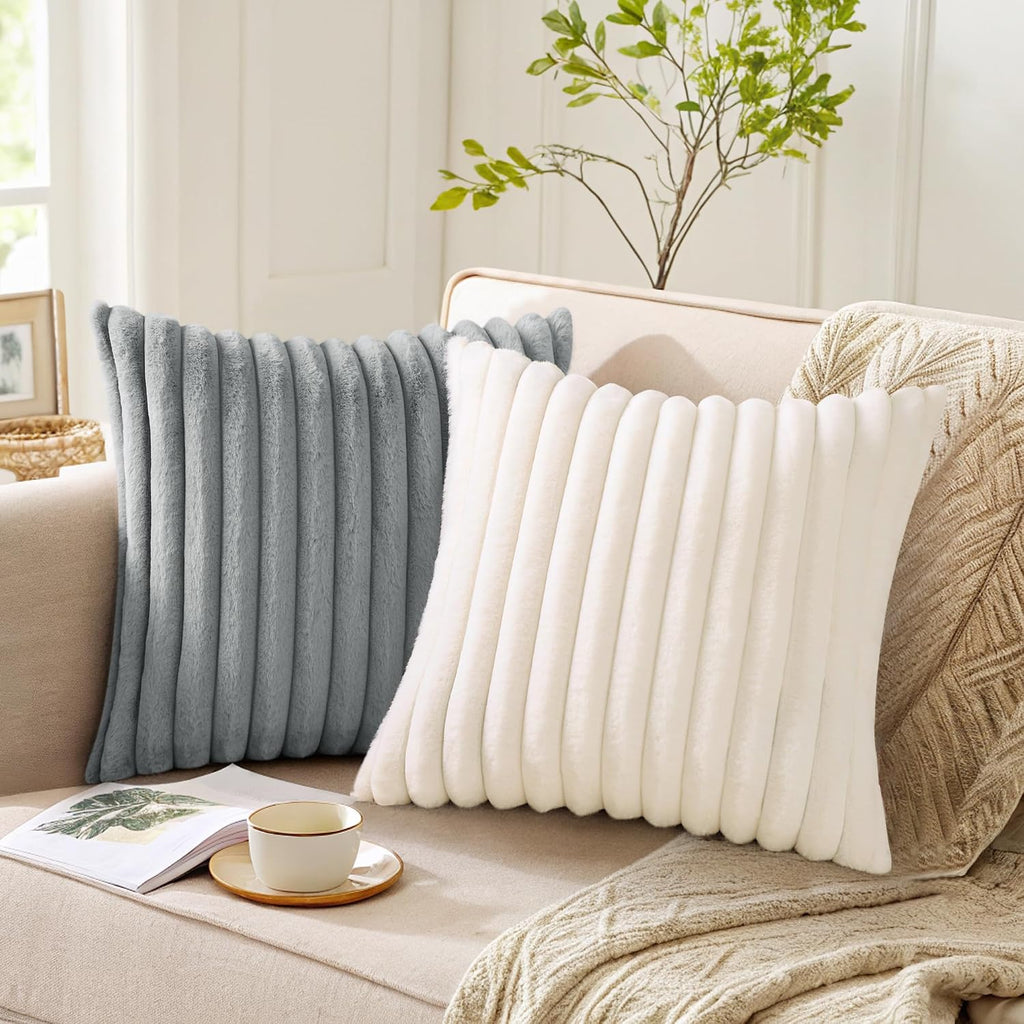 Pallene Faux Fur Plush Fall Throw Pillow Covers 24x24 Set of 2, Luxury Soft Fluffy Striped Decorative Pillow Covers for Sofa, Couch…