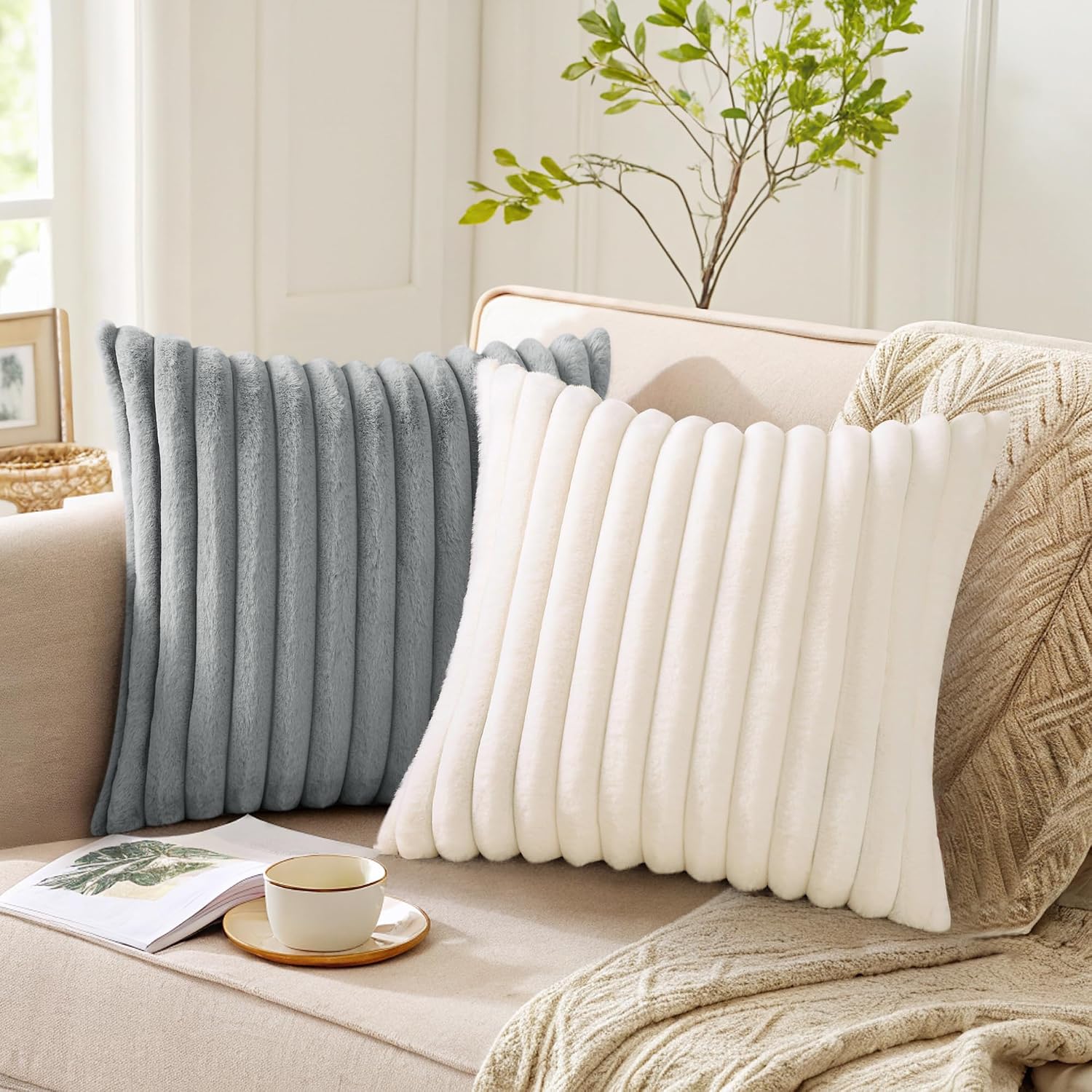 Pallene Faux Fur Plush Fall Throw Pillow Covers 24x24 Set of 2, Luxury Soft Fluffy Striped Decorative Pillow Covers for Sofa, Couch…