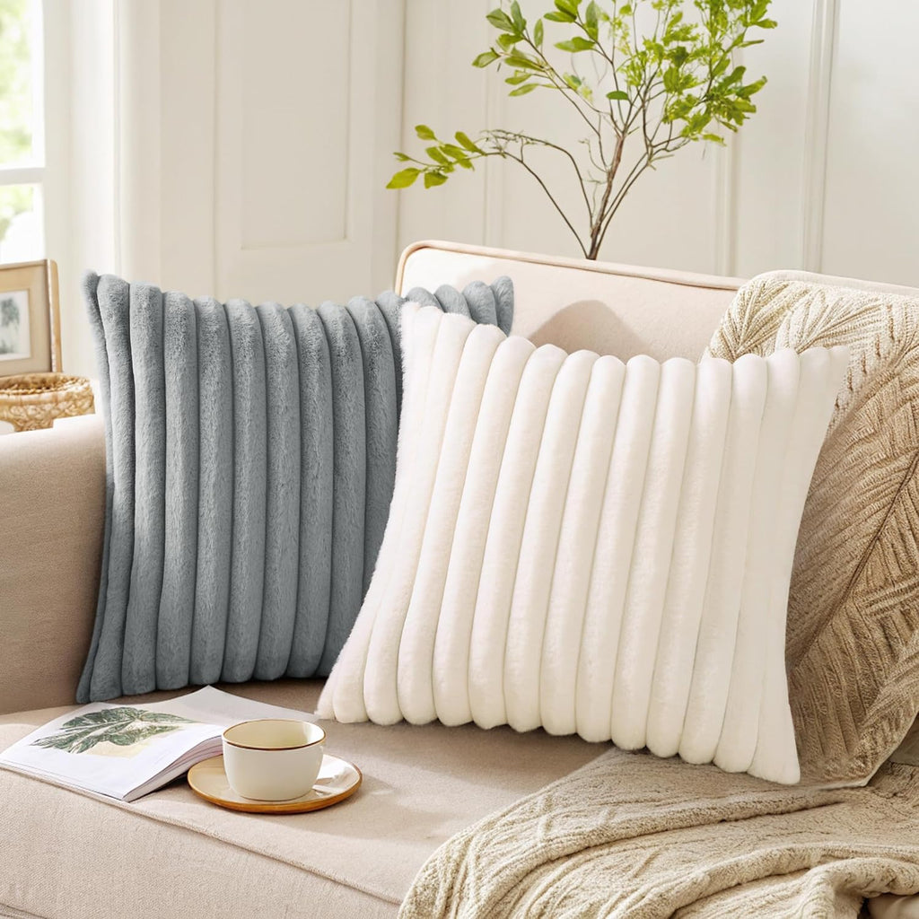 Pallene Faux Fur Plush Fall Throw Pillow Covers 22x22 Set of 2, Luxury Soft Fluffy Striped Decorative Pillow Covers for Sofa, Couch…