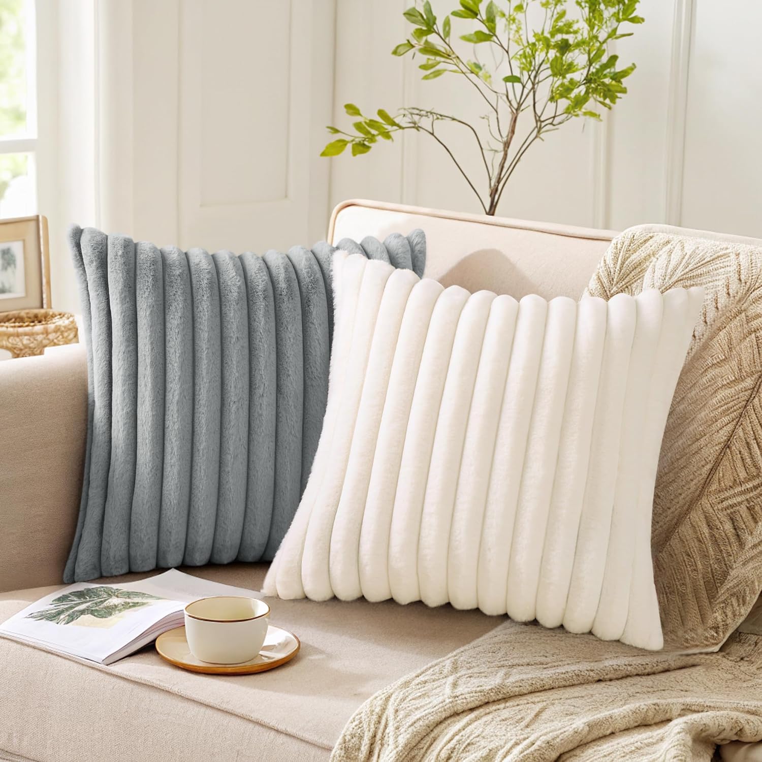 Pallene Faux Fur Plush Fall Throw Pillow Covers 22x22 Set of 2, Luxury Soft Fluffy Striped Decorative Pillow Covers for Sofa, Couch…